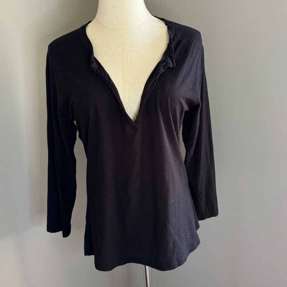 James Perse Split Neck Long Sleeve Raglan Tee - Black Medium (size 2) - Picture 2 of 5